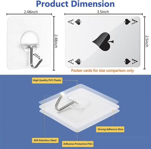 JINSHUNFA 12 Pack Heavy Duty Adhesive Wall Hooks, Waterproof Transparent No Drill Hooks